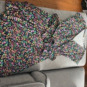 Rebel Sugar Black Floral Wrap Dress with Pink, Green & Yellow Flowers